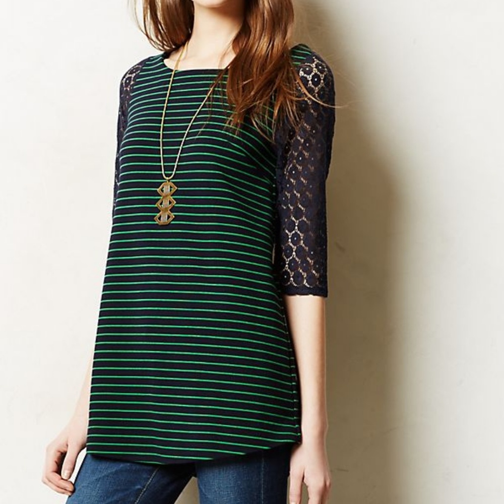 Anthropologie green and navy boat stripe tunic